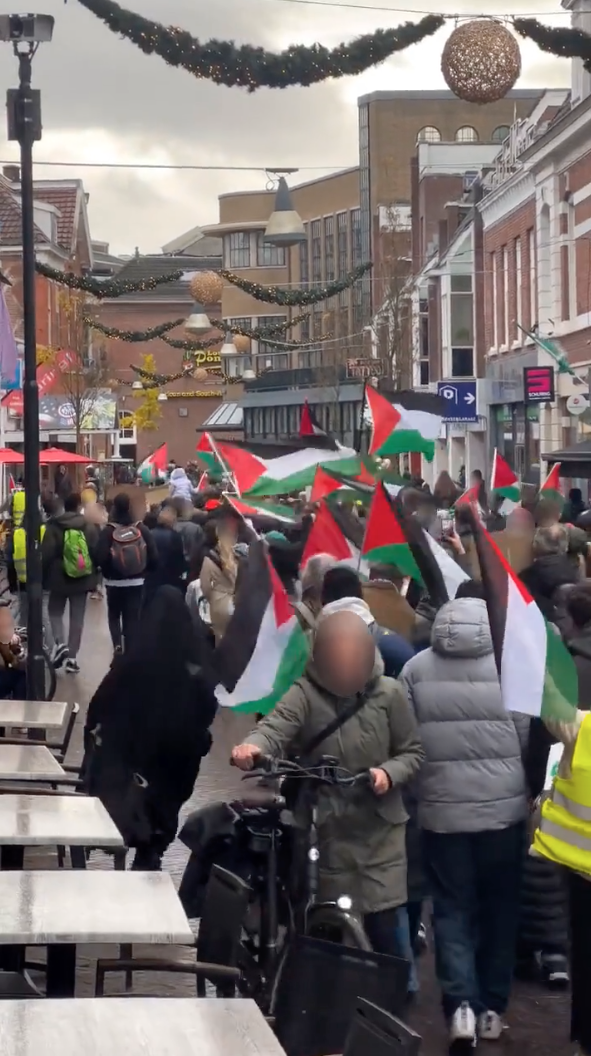 Een demonstratie trekt tussen winkelend publiek door een stadscentrum heen. Mensen zwaaien met Palestijnse vlaggen en dragen borden. In de straat hangt winterverlichting. Het is een grauwe dag.