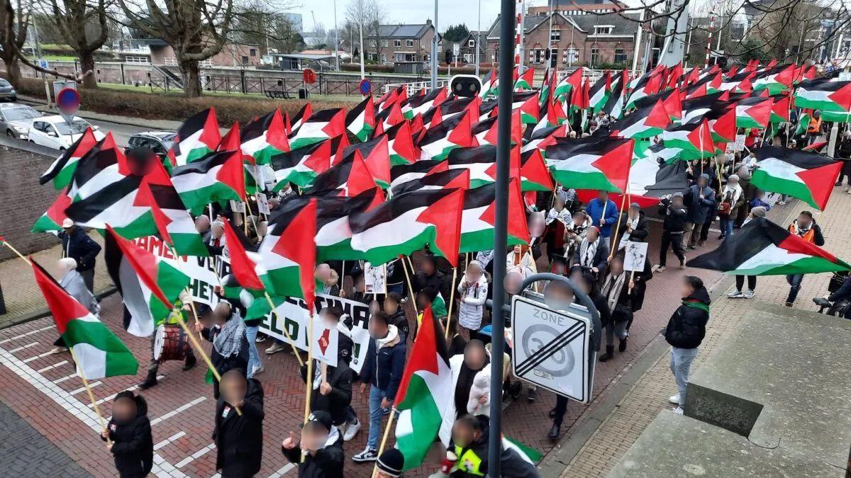 Honderden mensen marcheren in formatie met hooggeheven Palestijnse vlaggen op een bewolkte dag door de straten van Gorinchem. Velen dragen keffiyeh, borden en spandoeken waarop zij steun uitdrukken voor Palestina.