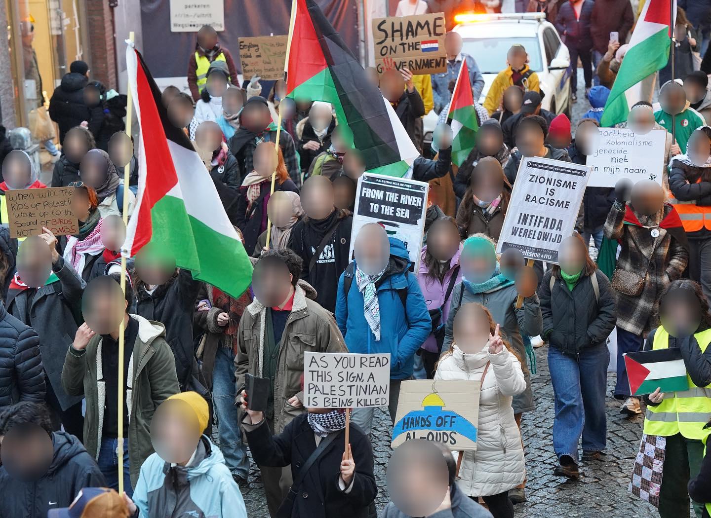 Een composietfoto. Beeld 1: Een stoet met Palestijnse vlaggen en borden door een oud stadscentrum. Beeld 2: Een persoon met een Palestijnse vlag als cape om diens rug heen gedrapeerd maakt het V-teken met diens vingers en houdt een bord op met daarop de tekst 'apartheid, kolonialisme, genocide, niet in mijn naam'.