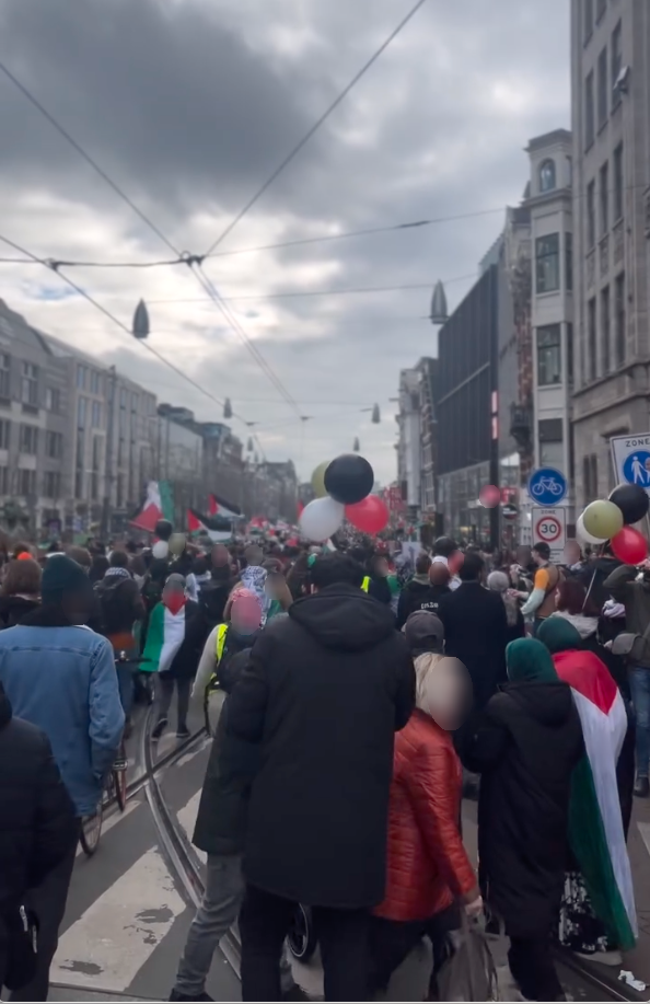 Op een grauwe, bewolkte loopt een grote massa mensen een straat met aan weerszijden hoge gebouwen in. Zij dragen Palestijnse vlaggen en rode, zwarte, witte, en gouden ballonnen. Over de straat loopt een zebrapad en tramlijn.
