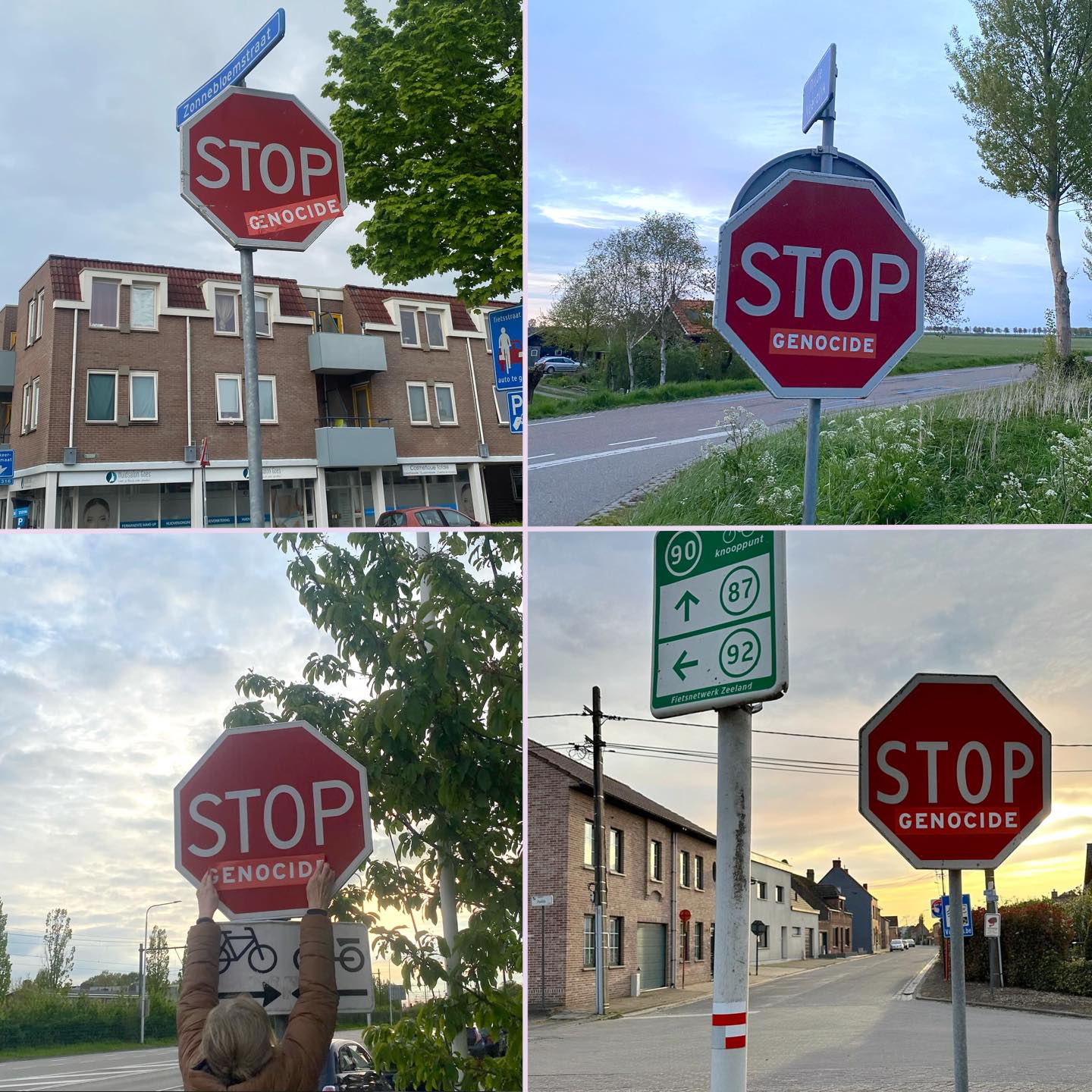 Vier foto's van verkeerborden met het woordt 'STOP'. Daaronder is steeds een sticker geplaatst met het woordt 'genocide'.