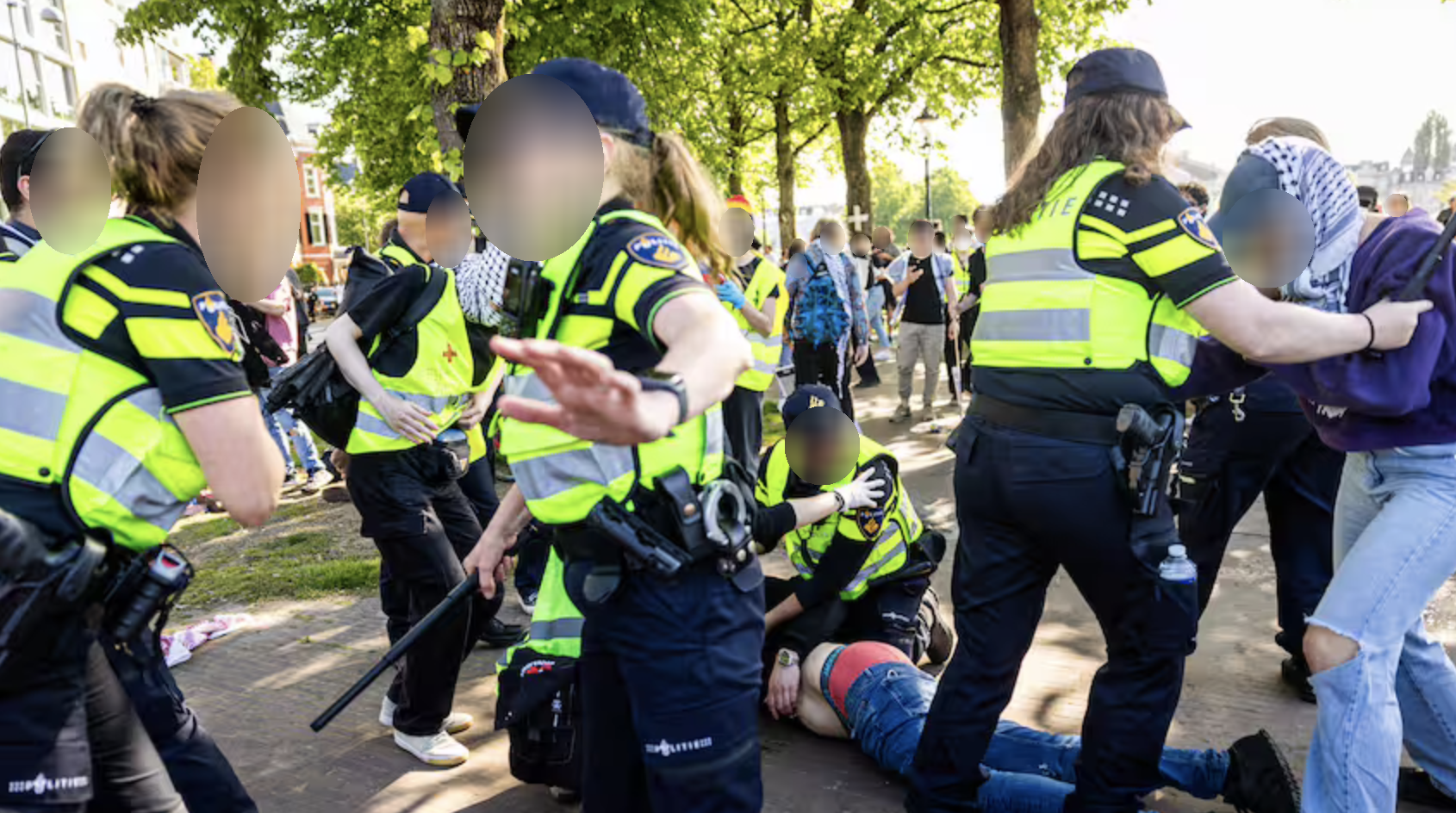 Verschillende politieagenten, gekleed in felgele en zwarte vesten met reflecterende stroken, omsingelen in een zonnige, parkachtige omgeving een persoon die op diens buik door een agent op de grond gedrukt. Sommige politieagenten heffen hun armen en andere duwen omstanders weg. Omstanders dragen keffiyeh, borden en spandoeken.