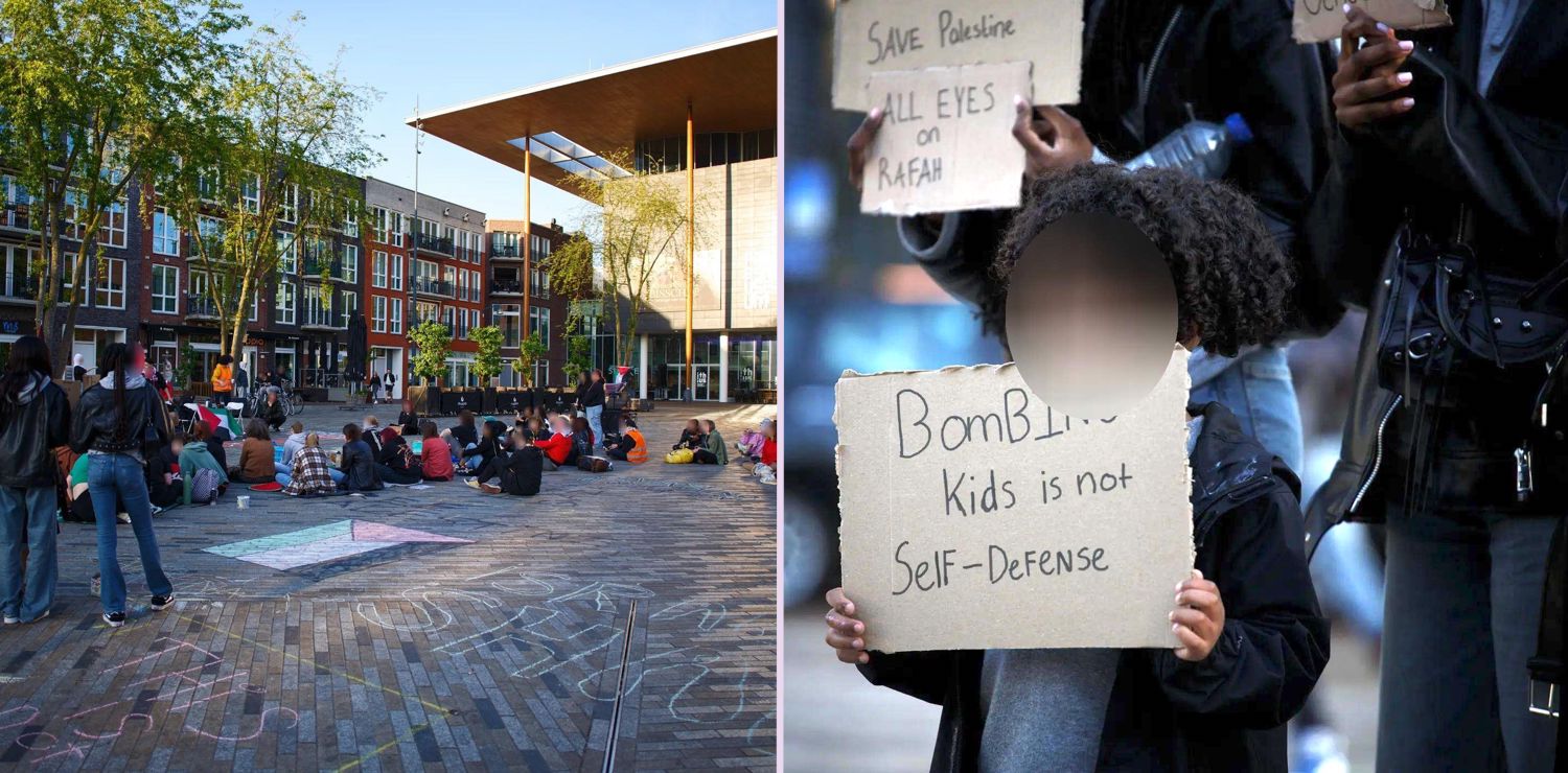 Composietfoto. Beeld 1: Mensen staan en zitten in de avondzon op een stadsplein en luisteren ergens naar. Op de grond met stoepkrijt een Palestijnse vlag getekend en zijn teksten geschreven. Beeld 2: Een kind houdt een kartonnen bord vast waarop met stift geschreven is (in het Engels): 'Kinderen bombarderen is geen zelfverdediging'. Achter het kind staan volwassenen die vergelijkbare borden vasthouden, waaronder met de teksten 'Redt Palestina' en 'Alle ogen gericht op Rafah'.