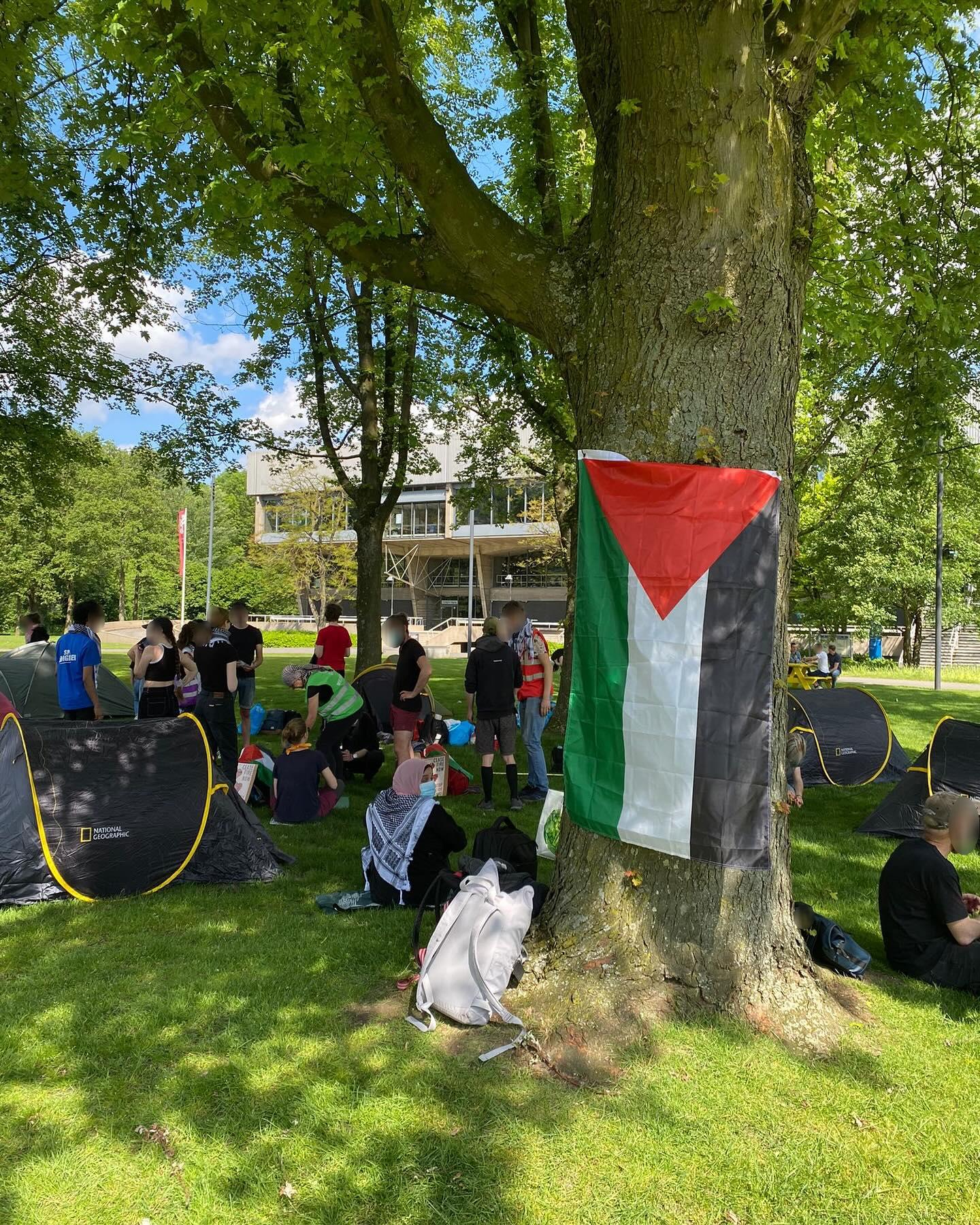Op een heldere, zonnige dag zetten zo'n twintig mensen op een groenperceel tussen bomen meerdere tenten op. Ook zitten mensen in het gras te picknicken. Aan één van de bomen hangt een Palestijnse vlag. Op de achtergrond een brutalistisch gebouw van één verdieping.