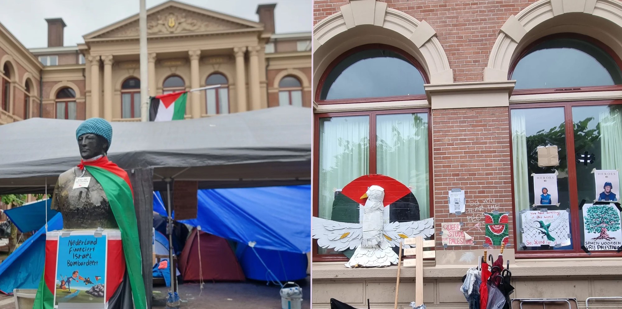 Composietfoto. Beeld 1: Een standbeeld met een Palestijnse vlag over de schouders, met daarvoor een bord met de tekst 'Nederland financiert, Israël bombardeert'. In de achtergrond staan meerdere tenten en een hoog, statig gebouw in klassieke architectuur. Beeld 2: Een gevel met klassieke ramen, waarop tekeningen, posters en sculptuur geplakt zijn.