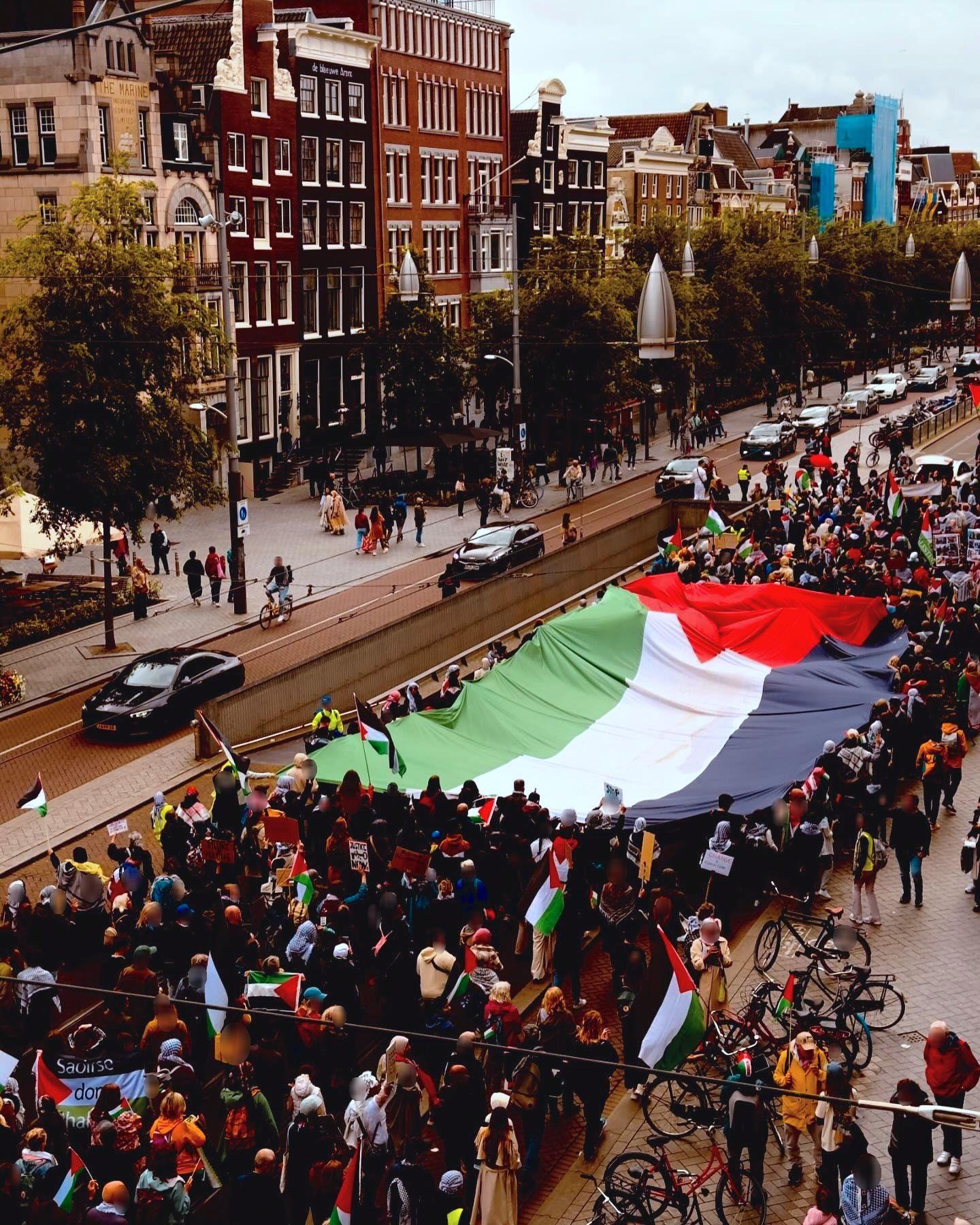Honderden mensen lopen met kleine Palestijnse vlaggen én een hele grote Palestijnse vlag over de openbare weg langs panden, bomen en auto's en geparkeerde fietsen.